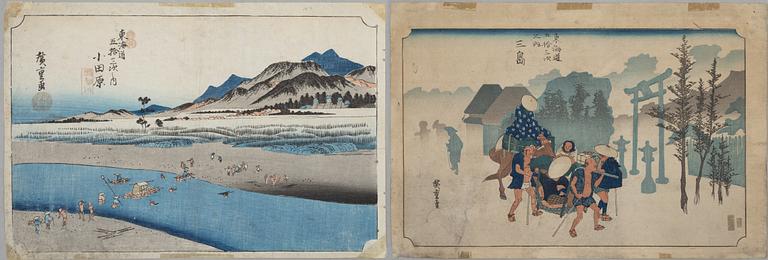 Ando Hiroshige, after, two woodblock prints, 19th/20th century.