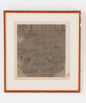 ALBUMBLAD, målning på siden. Jaktsällskap med falkenerare, Qing dynastin, troligen 1700-tal.