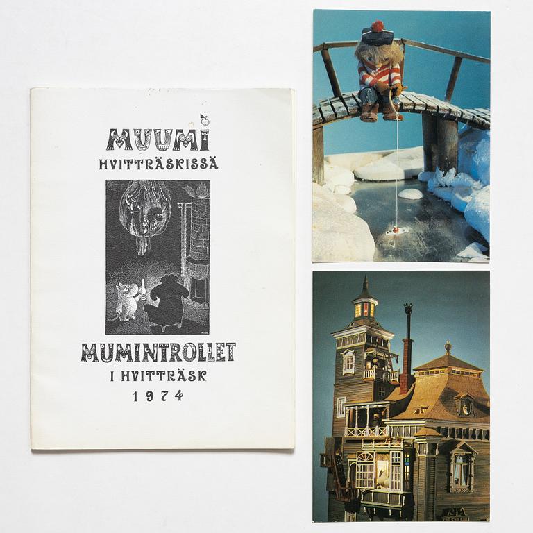 Tove Jansson, book, 'Muumi Hvitträskissä Mumintrollet i Hvitträsk 1974' signed, along with two signed postcards.