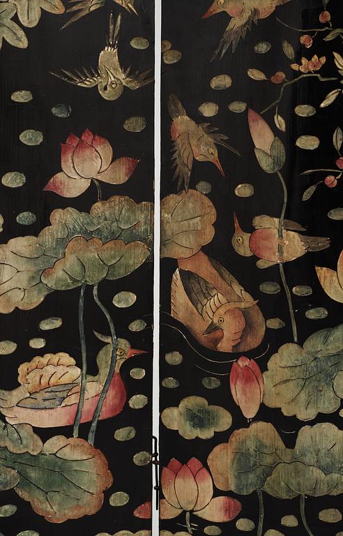 An eight panel lacquer screen, Qing dynasty, presumably Kangxi (1662-1722).