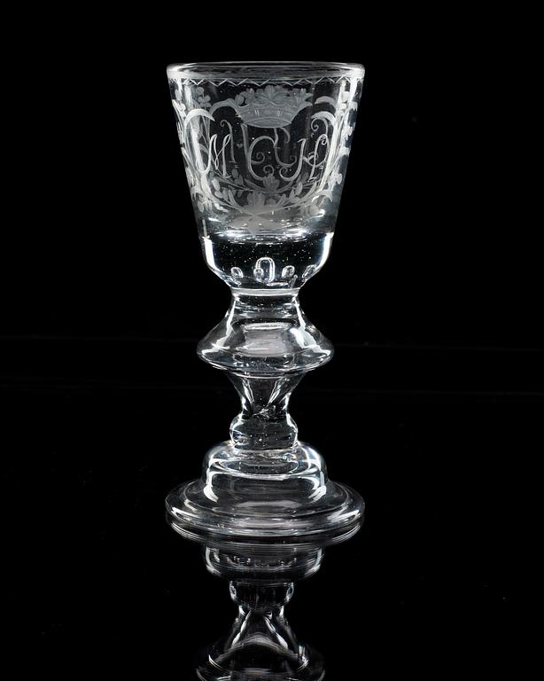 An engraved German wine glass, 18th Century.