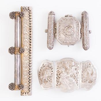 BUCKLE, PENDANT, TEXTILE HOLDER, silver and gold plated silver,  India before 1960's.