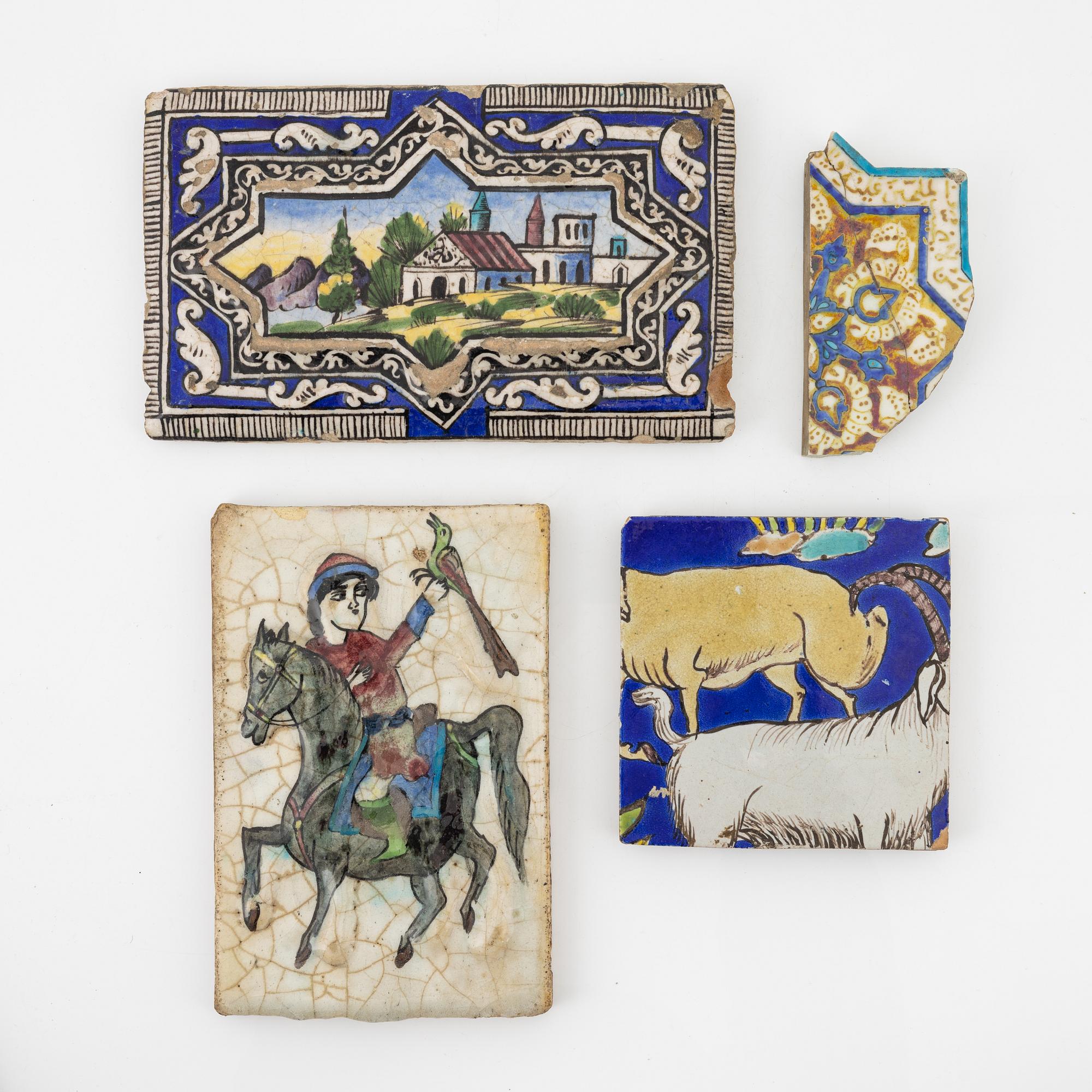 Kakelplattor, fyra stycken, glaserat lergods, Qajardynastin Persien (Iran), 1800-tal.
