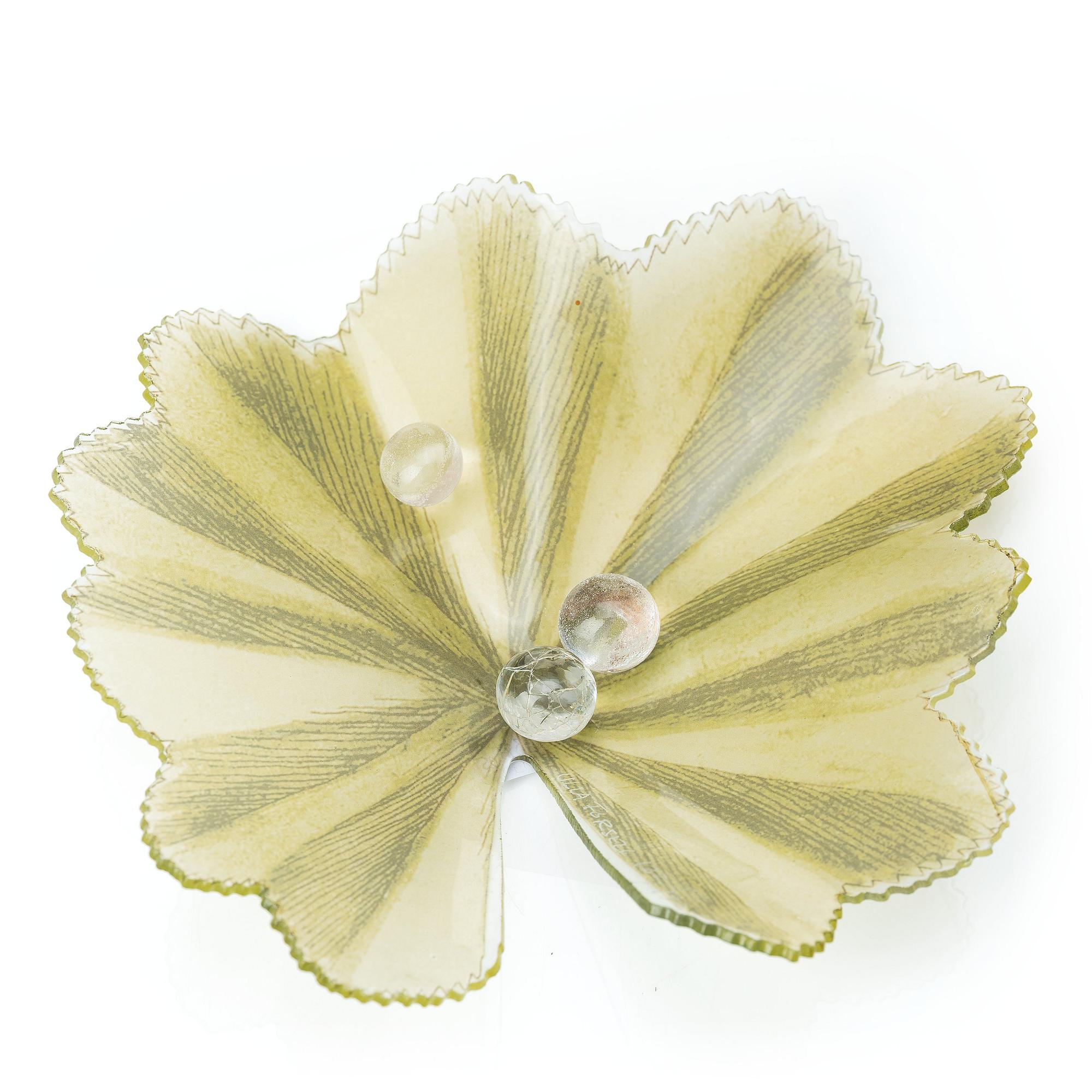 Ulla Forsell, a glass sculpture of a leaf with with three glass drops, ca 2013, ed. 122/150.