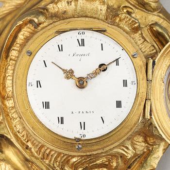 A late 19th century gilt bronze miniature wall clock, clock face signed Breguet a Paris.