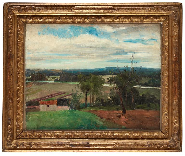 Carl Fredrik Hill, "Landskap från Bois-le-Roi" / "Landskap med träd och bondgård" [Landscape from Bois-le-Roi / Landscape with tree & farm].