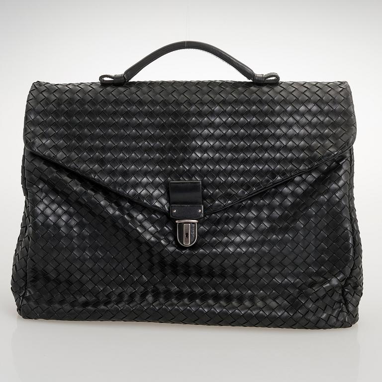 BOTTEGA VENETA Black Intrecciato Leather Briefcase.