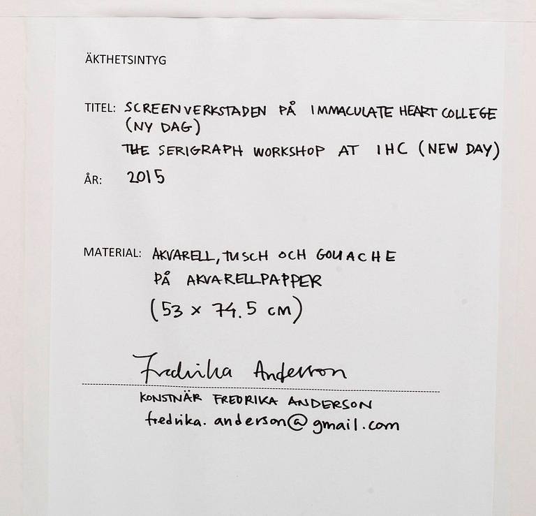 FREDRIKA ANDERSON, akvarell, tusch och gouache på papper. Signerad etikett a tergo.