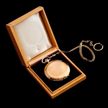 FICKUR, 14 k guld med kedja 18 k guld, savonett,märkt Linderoth, Stockholm, 1930/40-tal. Tot vikt med urverk ca 90 gram.