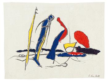 482. Lage Lindell, A TAPESTRY. "Figurer i landskap". Tapestry variant. 95 x  122 cm. Signed HAV AC L. Lin dell.