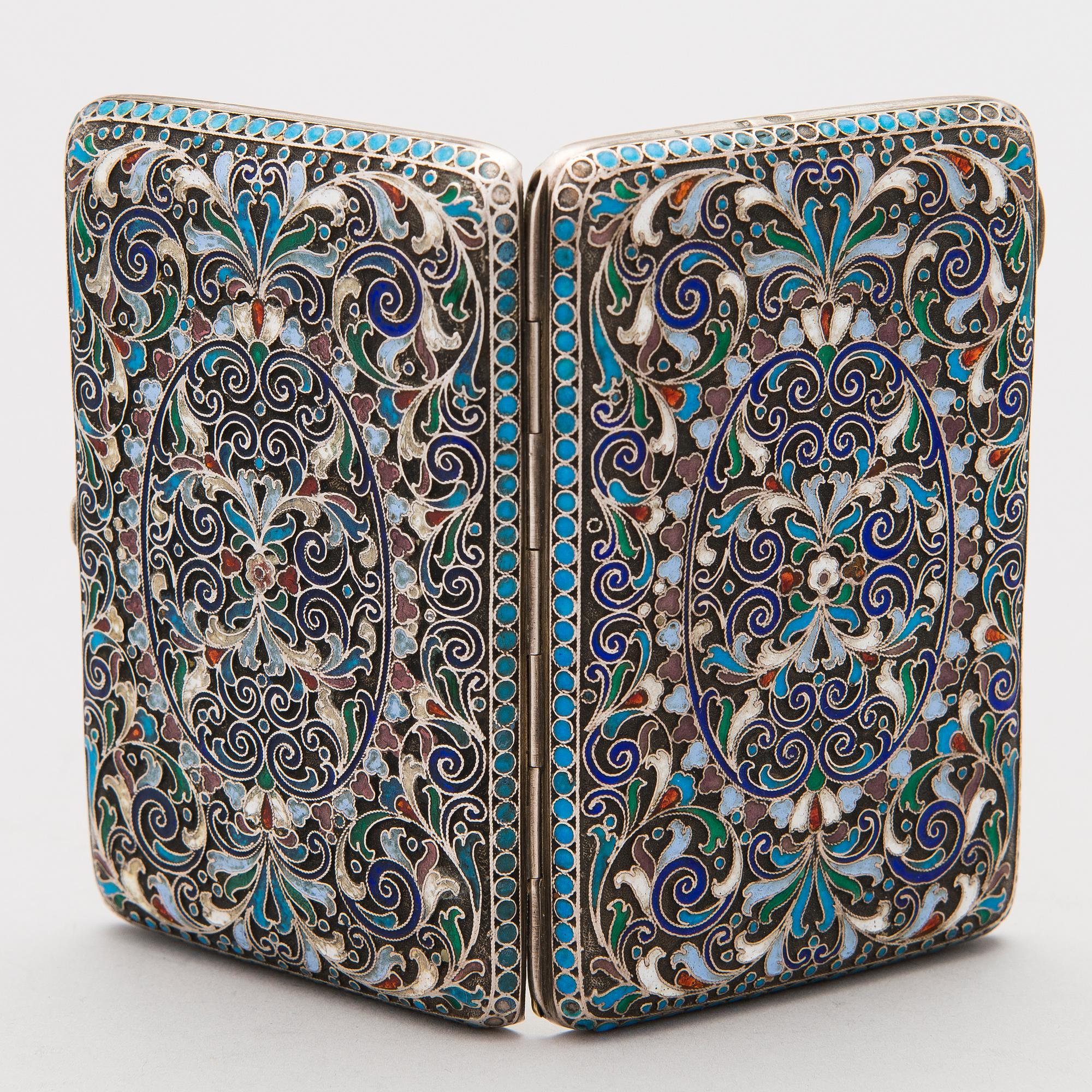 A Russian silver and cloisonné cigarette case, Moscow 1898-1914.