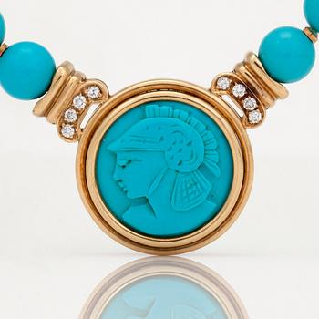 COLLIER med briljantslipade diamanter, snidad turkos samt turkoskulor.
