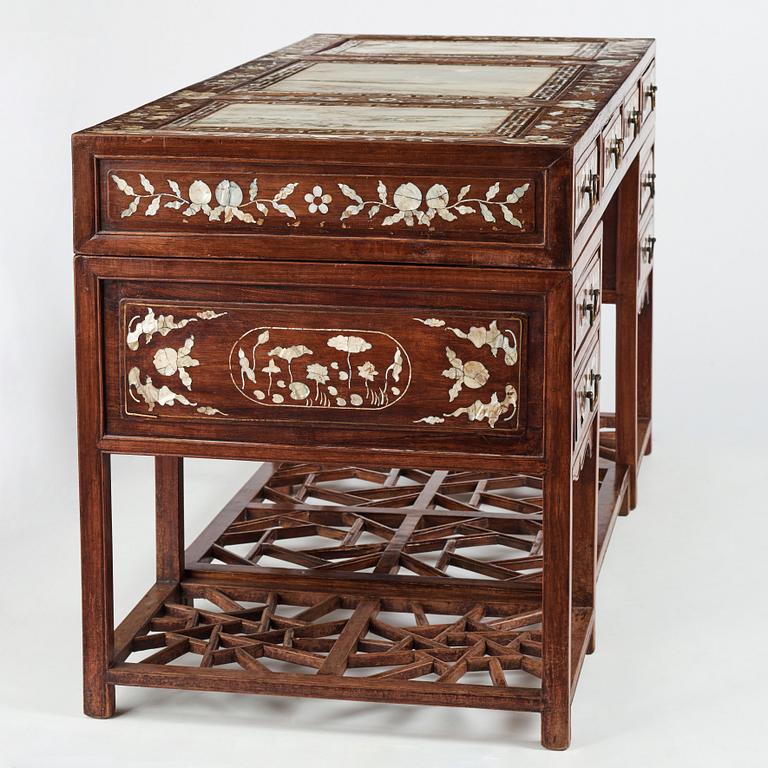 A Chinese writng desk with stone placques and mother of pearl inlay, late Qing dynasty.