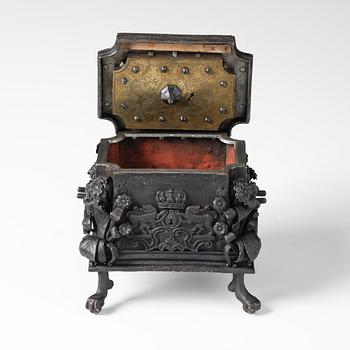 A South-German, presumably Nuremberg, Baroque iron and steel strongbox, later part of the 17th century.