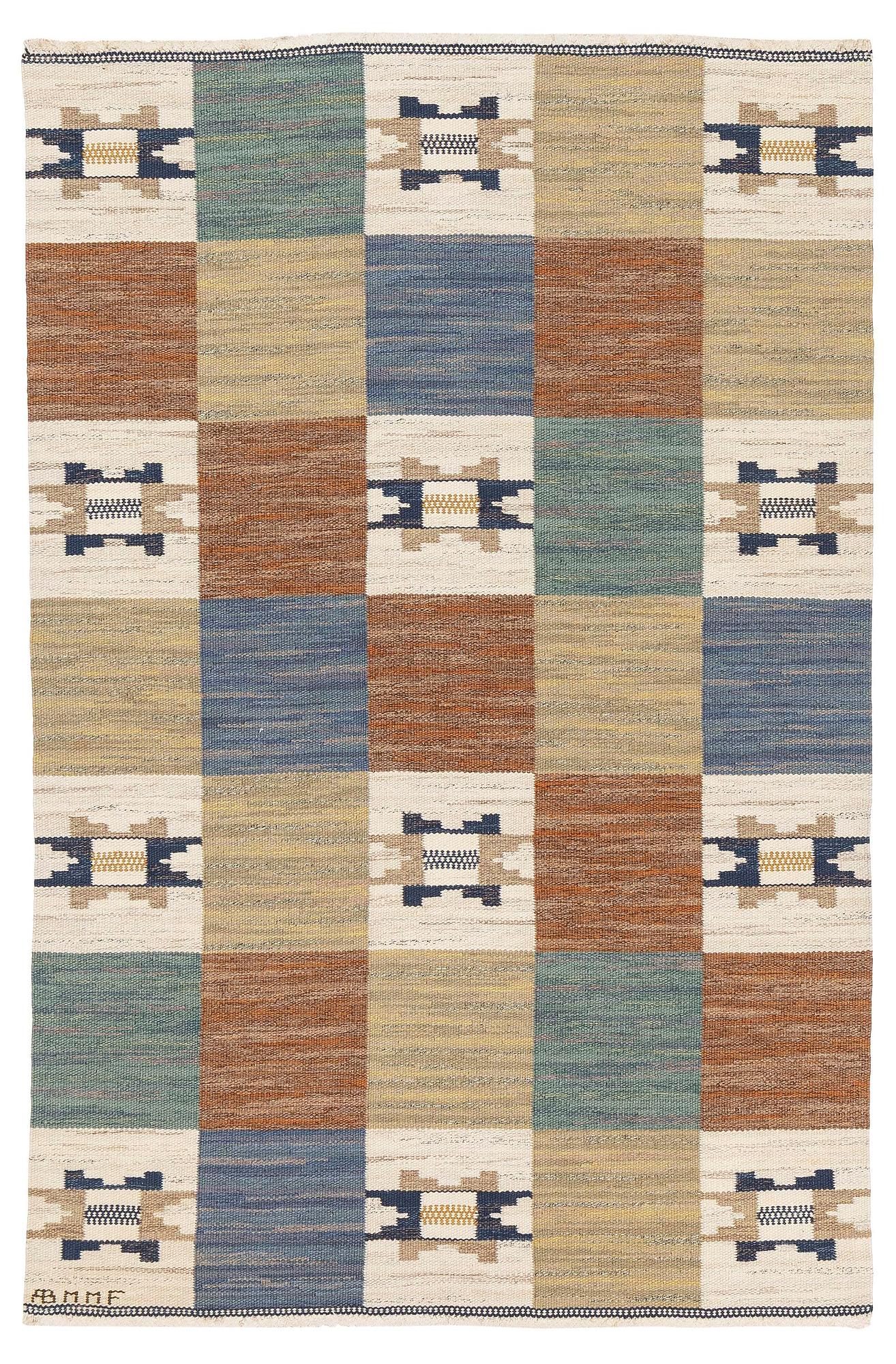 Märta Måås-Fjetterström, matta, "Rutmattan med blått", rölakan, ca 230 x 150 cm, signerad AB MMF.