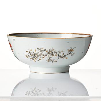 A famille rose and grisaille armorial punch bowl, Qing dynasty, 18th century.