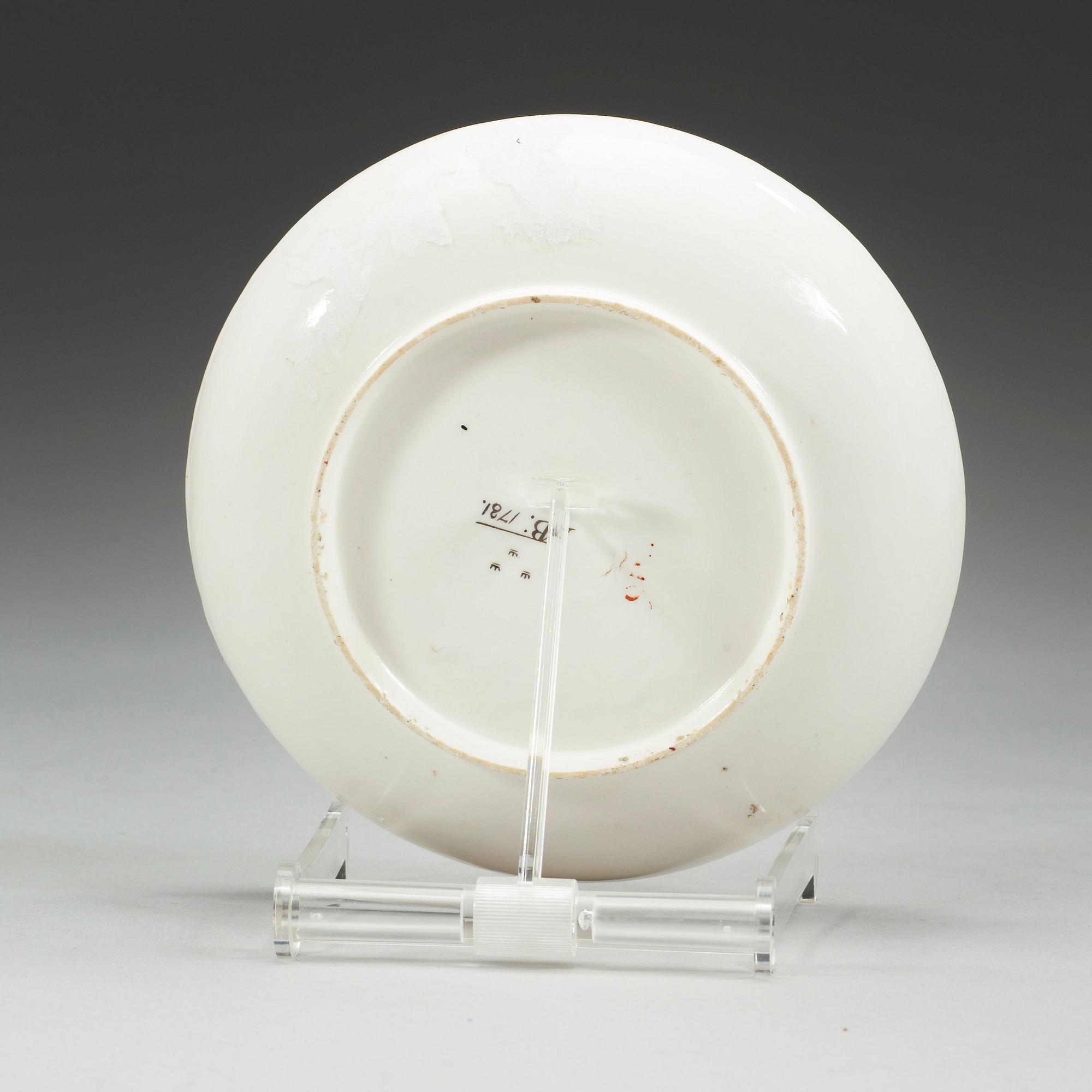 A Swedish Marieberg Armorial soft paste dish, dated 1781.
