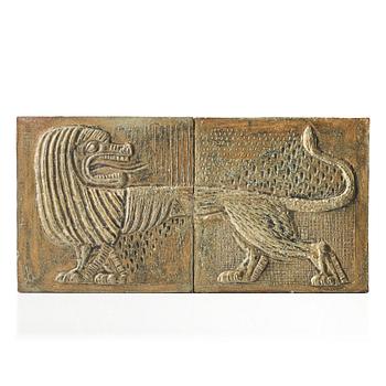 62. Stig Lindberg, a stoneware 2 pcs wall plaque, Gustavsberg studio, Sweden mid 20th century.