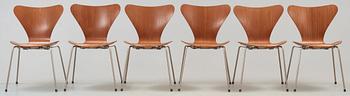 A set of six Arne Jacobsen 'Series 7' teak and steel chairs, Fritz Hansen, 1950's.
