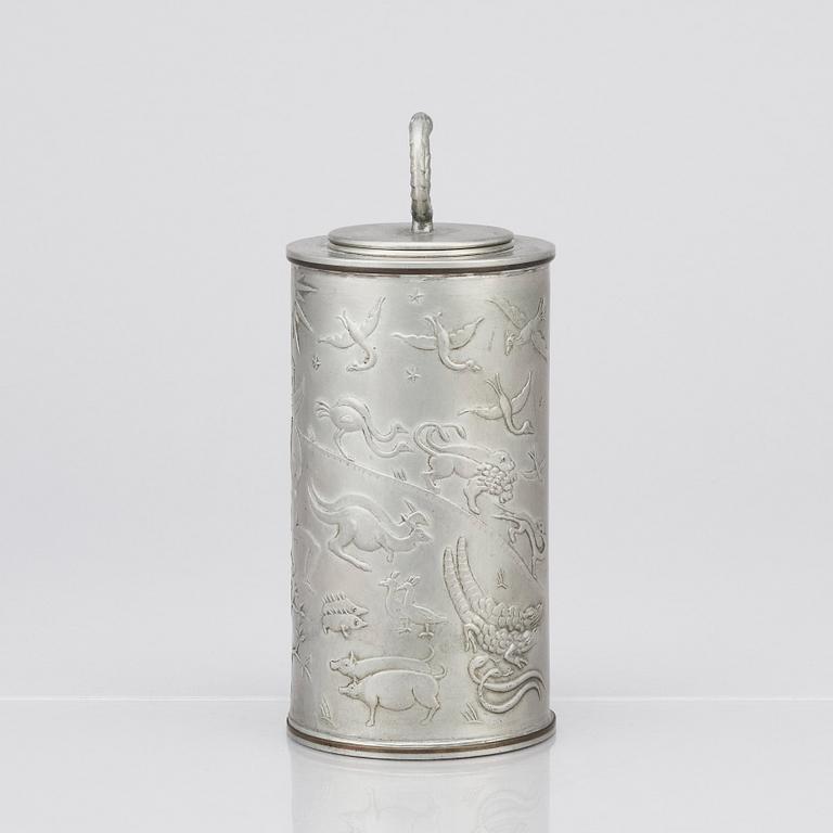 Nils Fougstedt, a lidded pewter jar decorated with the garden of Eden, Svenskt Tenn  Sweden 1930.