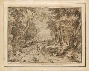 559. Jan Joost van Cossiau, Pastoral landscape with shepherds, cattle and dogs.