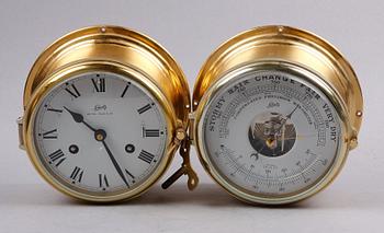 BAROMETER samt KLOCKA, mässing, Tyskland. 1900-tal.
