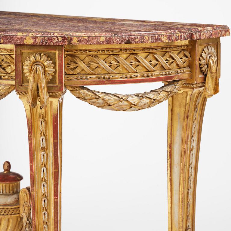 A Gustavian carved giltwood and marble console table, Stockholm, late 18th century.