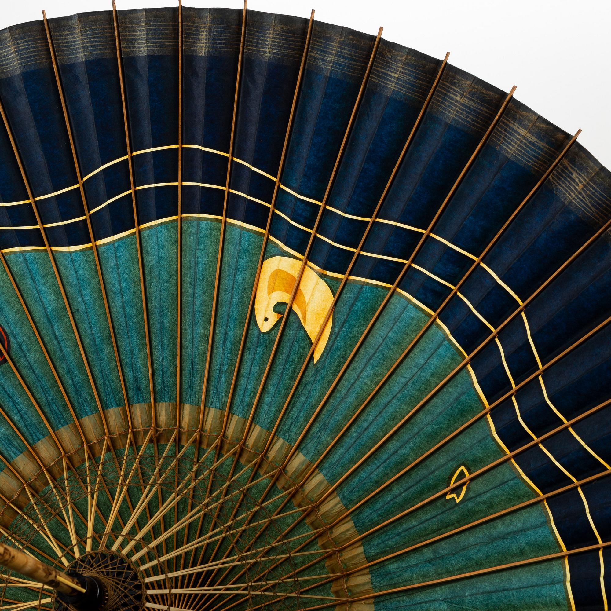A set of six fans and two umbrellas and a wig/pony tail. Japan, early 20th Century.