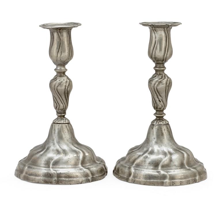 A pair of Rococo pewter candlesticks by Anders Morström (Falun 1778-1784/87).
