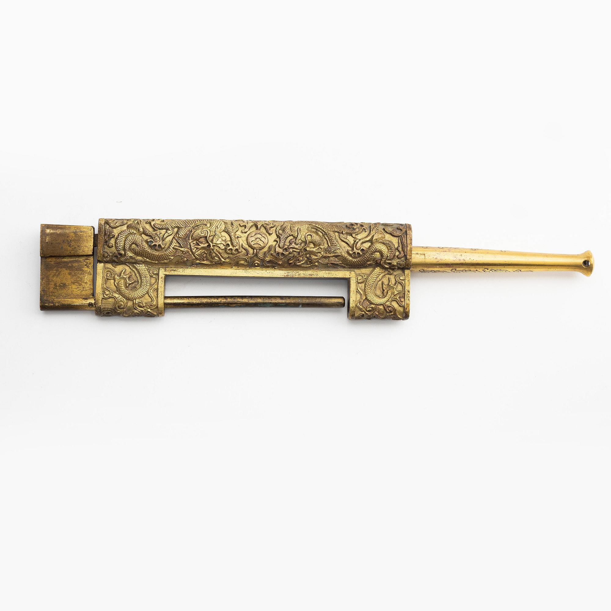 A Chinese gilt five-clawed 'dragon' lock, Qing dynasty, Qianlong (1736-95).