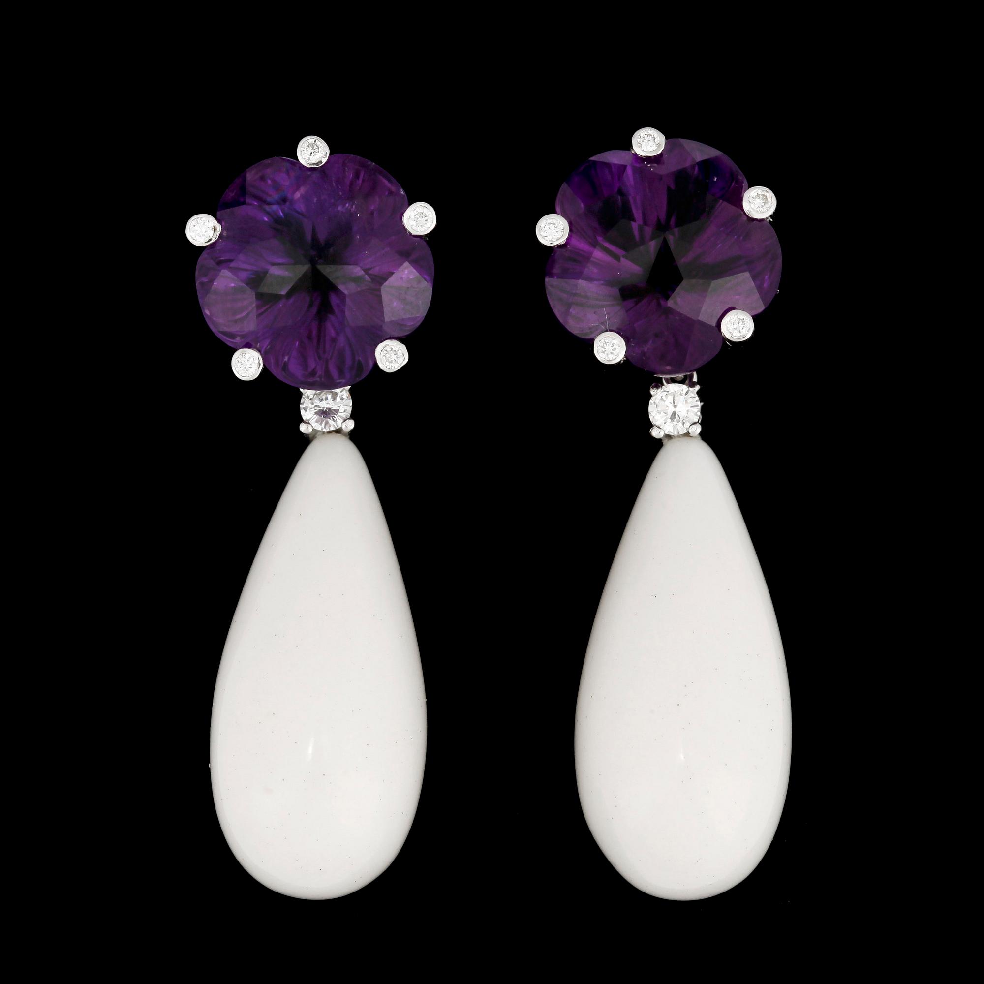 A pair of amethyst, tot. 17.76 cts, white ceramics and brilliant cut diamond earrings, tot. 0.28 cts.