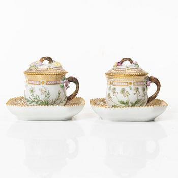 A pair of Royal Copenhagen 'Flora Danica' custard cups with covers and stands, Denmark, 20th century.