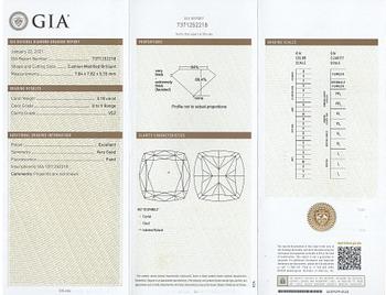 Sormus, 18K kultaa, cushionhiottu timantti n. 3.18 ct GIA-todistuksen mukaan.