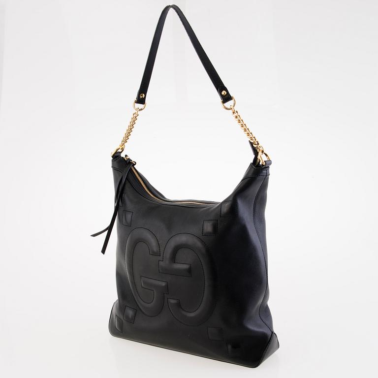 GUCCI Apollo Embossed GG Black Leather Shoulder Bag.