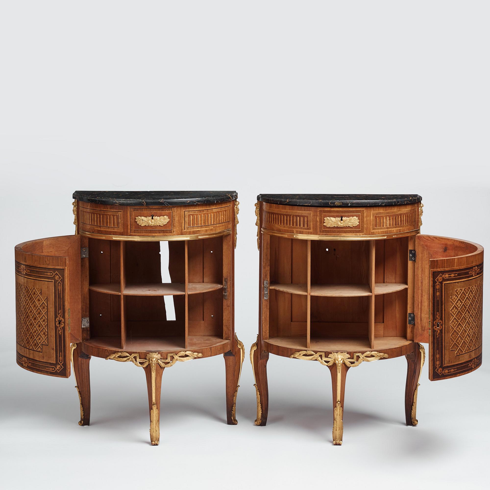 The "De Geer cabinets" a pair of demi-lune cabinets by Georg Haupt (master in Stockholm 1770-1784), Gustavian.