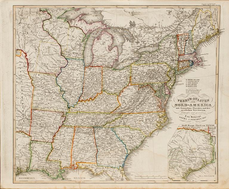 KARTA ÖVER "VEREIN-Staaten von Nord-America..." F. von Stülpnagel Gotha. J.Perthen 1847.