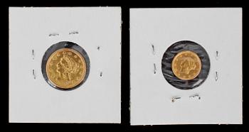 DOLLARMYNT, 2 st, guld, 1 resp 2 1/2 dollar, 1849 resp 1878. Totalvikt ca 5 gram.