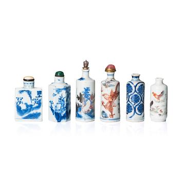 1307. A set of six Chinese snuff bottles, late Qing dynasty and Republic period.