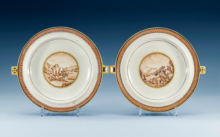 Two enamelled hot water dishes, Qing dynasty, Jiaqing (1796-1820). (2).