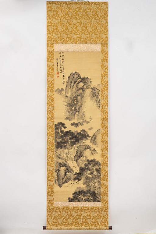 Unidentified artist, Mountain landscape with waterfall and pines, Japan, first half of the 20th century.
