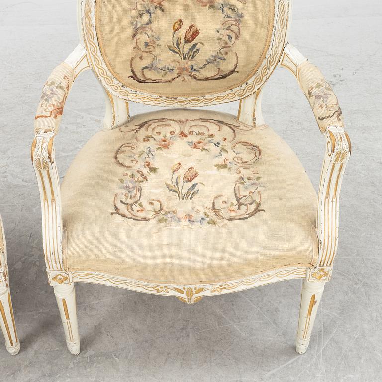 Two Gustavian armchairs, end of the 18th Century.
