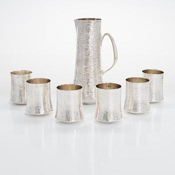 Tapio Wirkkala, a silver pitcher with six silver beakers, marked TW, Kultakeskus, Hämeenlinna Finland 1973 and 1966.