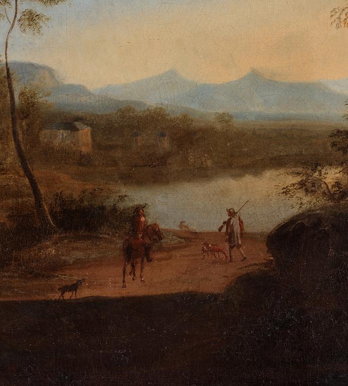 Unknown artist, 18th Century, Landscape with figures and riders beside a manor, a pair.