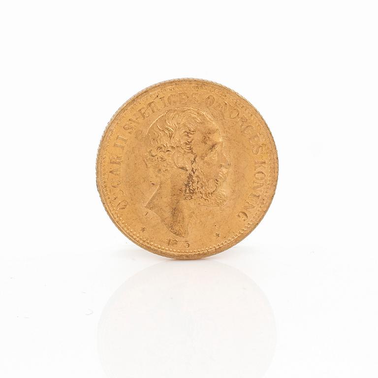 GULDMYNT, 20 kronor, Oscar II, Sverige och Norge, 1875. Vikt ca 9 gram.