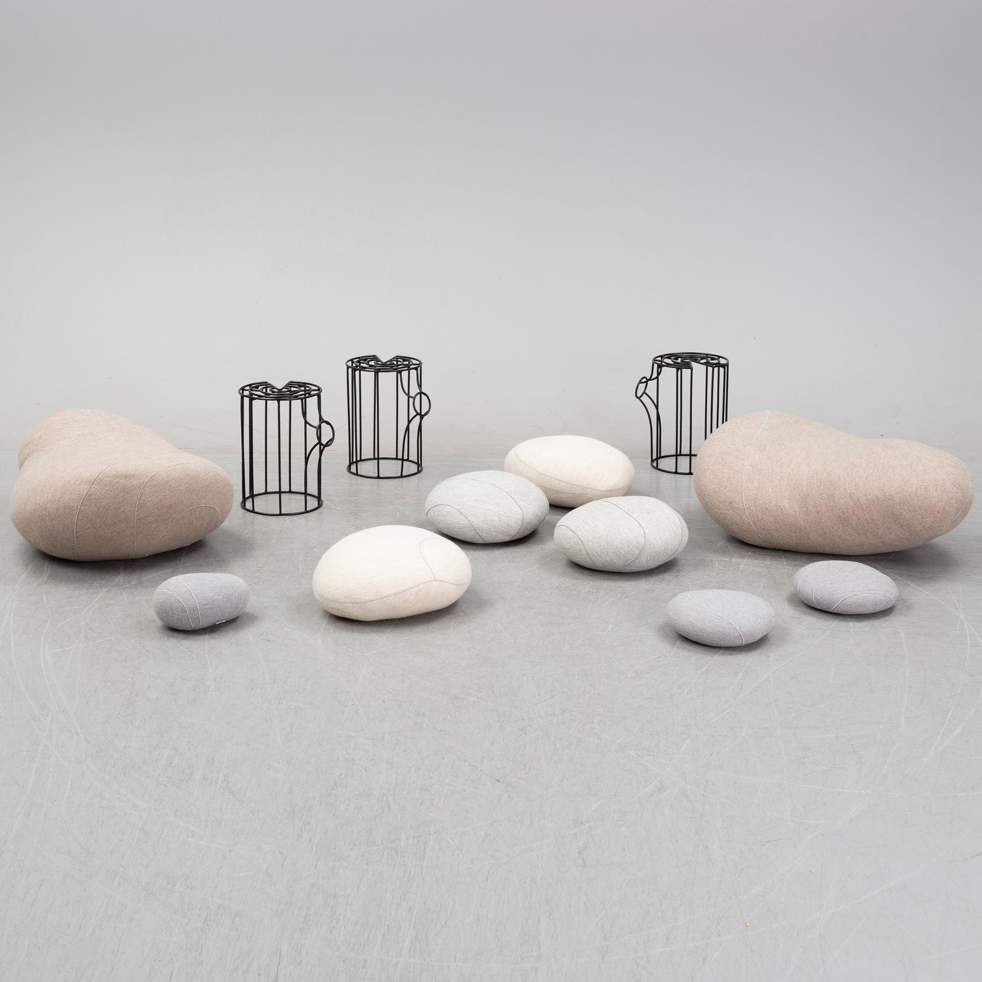 9 pebbles cushions, 'Linvingstones', Smarin, and three stools, 'Wire Log', Pols Potten.