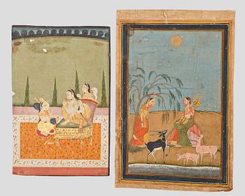 749. OKÄND KONSTNÄR, två stycken, bläck och färg på papper med förgyllda detaljer. Indien, 1800-tal.