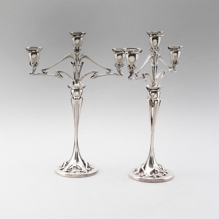 KANDELABRAR, 1 par, nysilver, jugend, tidigt 1900-tal.