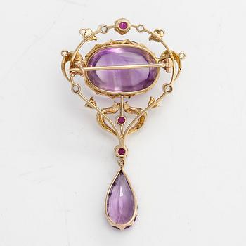Brooch, ca 14K gold, amethysts, rubies, old- and rose-cut diamonds, Russia.