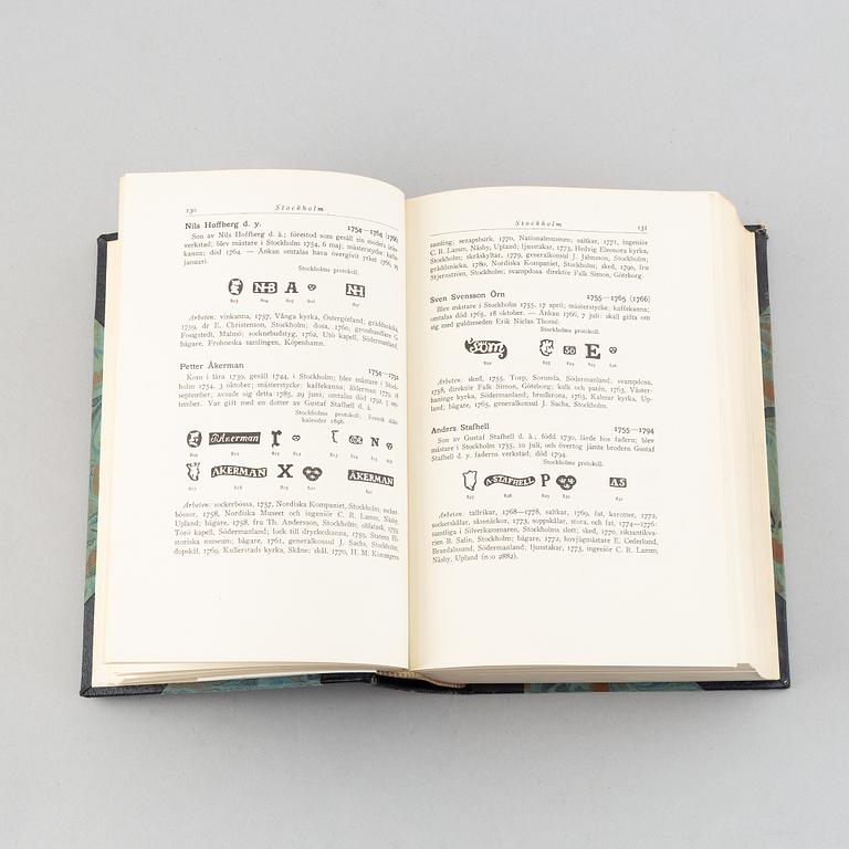 Book, Gustaf upmark, 'Guld- och Silversmeder i Sverige 1520-1850", Stockholm, Alb. Bonniers Boktryckeri 1943.