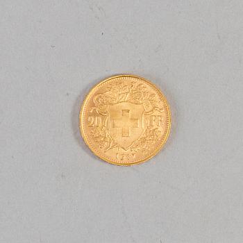 Coin Helvetia 1947 gold, diameter ca 21 mm, weight ca 6,4 gr.